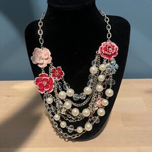 White House Black Market Necklace.Faux Pearl & Rhinestone with Enameled Flowers.